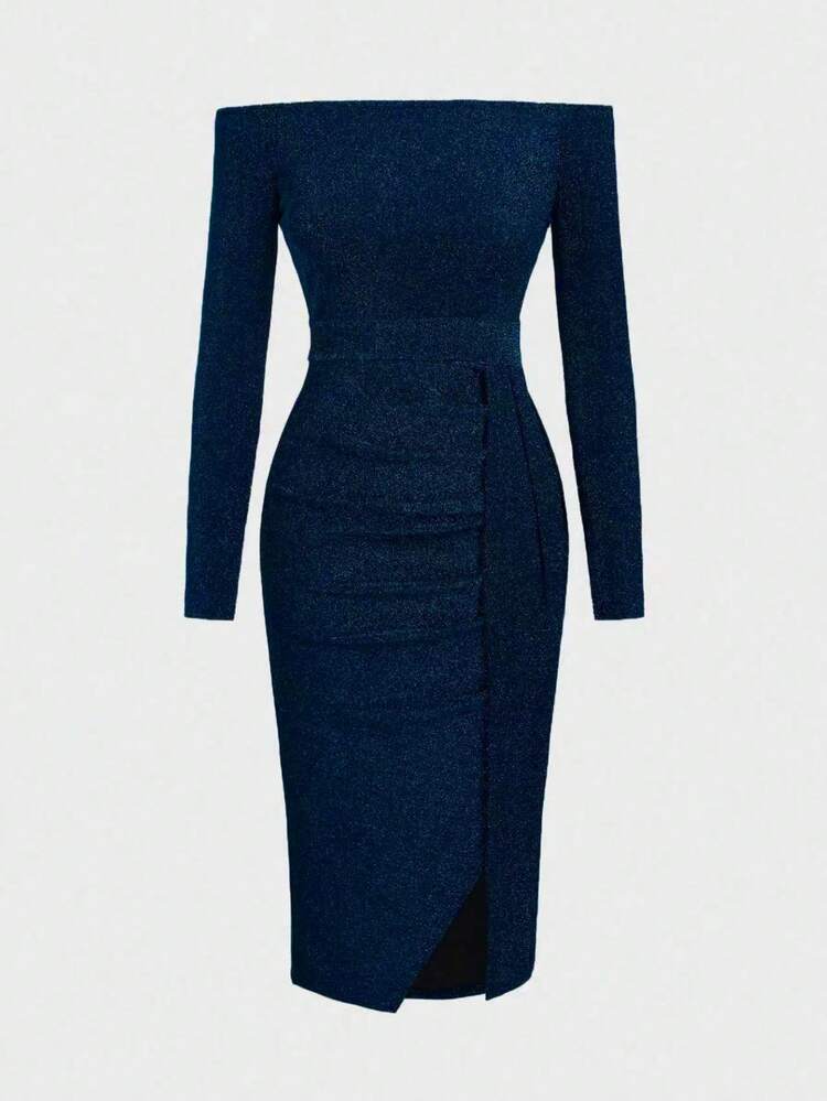 Vestido de Festa Formal Elegante com Paetês, Ombros de Fora, Cintura Marcada, Fenda, Vestido Verde Midi - Azul Marinho - Visão 2