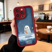 Cubierta de teléfono con borde negro azul con diseño de foca bebé sosteniendo hoja de otoño bajo lluvia estrellas y reflejos en agua para uso diario en cafeterías y espacios interiores Aplicable a los teléfonos de la serie Apple y Galaxy - Café integral - Ver 5
