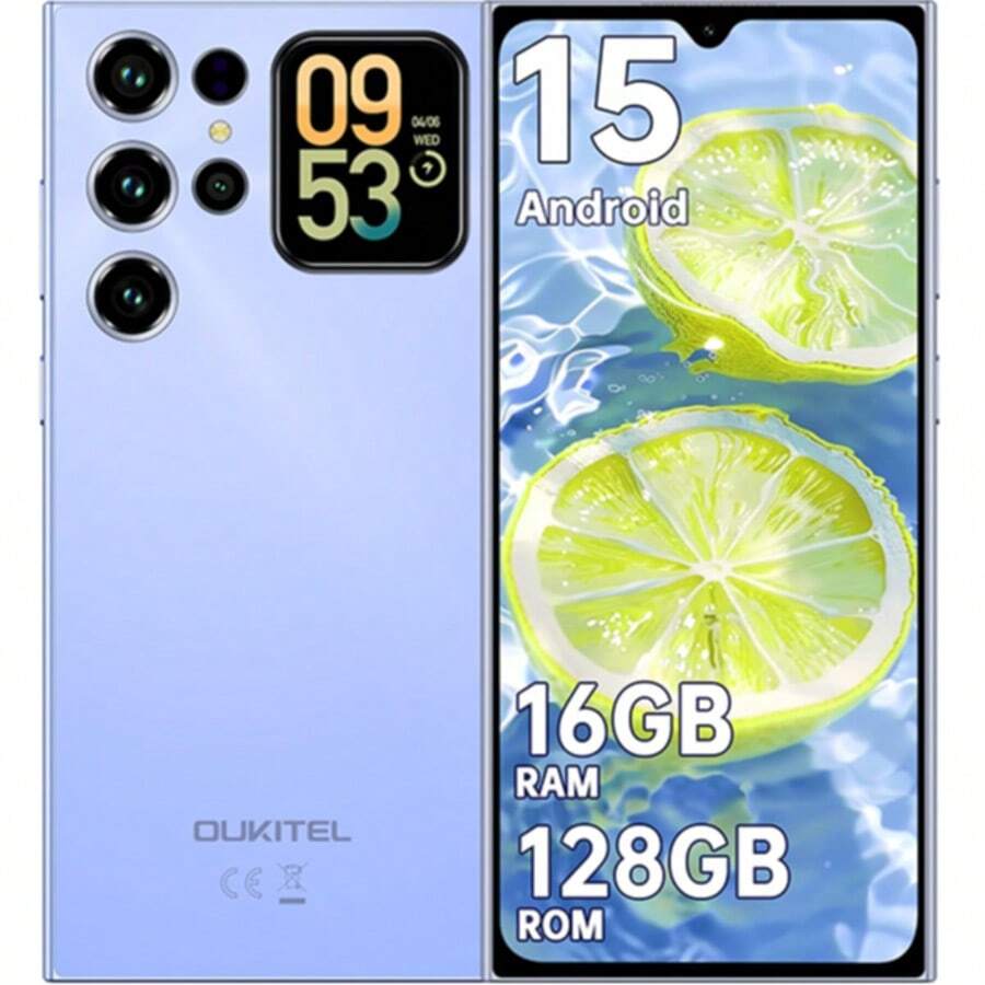 OUKITEL C62 安卓 15 智能手机，无合约 - 6.88 英寸高清+后置显示屏，16GB 运行内存 + 128GB 机身存储，5150mAh 电池，价格实惠，双卡双待，无锁/面部解锁/GPS/OTG - 藍色 - 查看 1