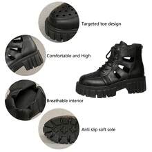 2025 New Spring/Summer/Autumn Hollow Breathable Platform Wedge Roman Sandals, Fashion All-Season Shoes With Front Lace-Up And Rear Zipper For Easy On/Off, Adjustable For Different Body Types, Multi-Functional High Wedge Heel, Suitable For Women's Daily Wear (Christmas, Holiday, Discount Day Essential) - Black - View 7