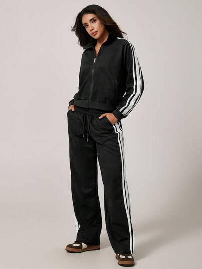 NcmRyu Conjunto deportivo de mujer con pantalón de manga larga, cuello alto, cremallera y cordón, en color a contraste y con rayas