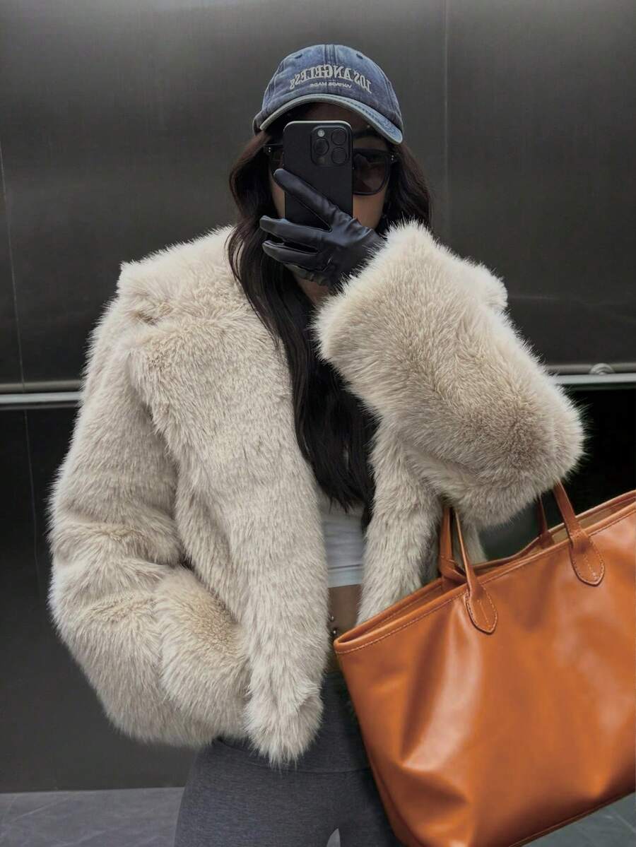 EARO 女式仿皮草大衣，时尚翻领，百搭，宽松，修身，优雅