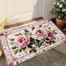 Alfombra de baño con patrón floral rosa retro - Felpudo rectangular de material sintético, absorbente y antideslizante, adecuado para dormitorios, baños, inodoros, entradas de cocina y otras decoraciones del hogar, para todo el año - Blanco - Ver 3