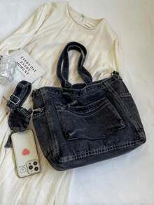 2pcs Fashionable New Retro Style, Large Capacity Tote Bag, Niche Design Solid, Color Casual Simple Shoulder Bag, Portable Adjustable Shoulder Strap Messenger Bag ,Suitable For Work Commuting Students To Class Daily Outings Shopping. - 深灰色 - 查看 6