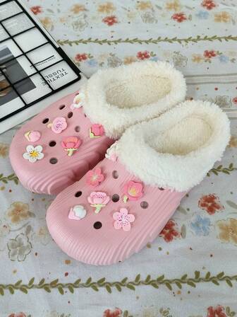 女士柔软羊毛纯色樱花图案百搭时尚透气速干优雅室内保暖舒适透气打孔拖鞋，轻便方便