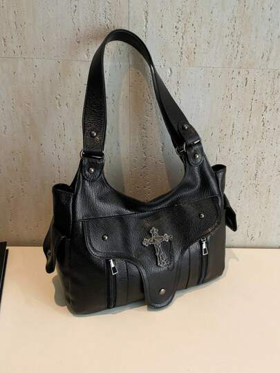 Bolso de hombro de gran capacidad, bolso de mano cruzado de piel de PU negra, estilo gótico punk americano, moda, bolso de diseñador minimalista