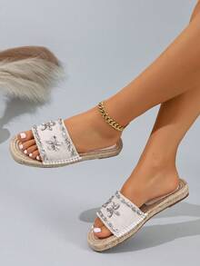 天然亚麻绳底水钻装饰手工舒适女式拖鞋 - 白色 - 查看 3