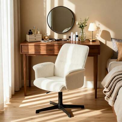 Meubles Cosy Chaise de coiffeuse moderne en tissu bouclé, structure en bois, hauteur réglable et pivotante à 360°, revêtement blanc, idéale pour la chambre ou le coin maquillage 62,5 x 59,5 x 81-93 cm