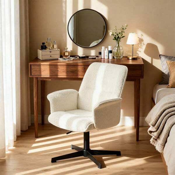 Meubles Cosy Nowoczesne krzesło toaletkowe z tkaniny bouclé, rama drewniana, regulowana wysokość i obrót o 360°, tapicerka w kolorze białym, idealne do sypialni lub kącika do makijażu, 62,5 x 59,5 x 81-93 cm