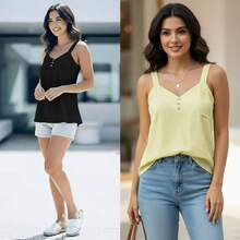 Kit 2 Blusas Femininas Regata Alça Larga Duna Lisa Elegante  Simples    Nenhum    Praia  Férias - Amarelo - Visão 1