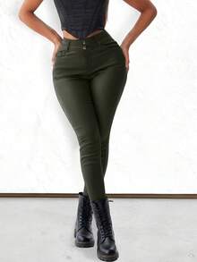 Apperloth A Quần nữ Nút Túi Dây kéo màu trơn Hấp dẫn - xanh quân đội - Xem 3