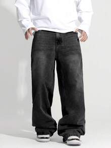 1件 Justice Brother 男士加大码黑色休闲宽松阔腿牛仔裤（不含腰带和配饰）