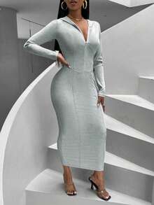 Vestido gris ajustado con capucha y cremallera para mujer - Gris Claro - Ver 3