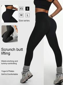 1条黑色无缝高腰提臀瑜伽裤，休闲运动紧身裤，稳定舒适，简约时尚，专业提臀裤 - 黑色 - 查看 3