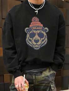 Valentine Outfits For Women/Men Mens Clothes Men's Casual Loose Fit Crew Neck Sweatshirt With Bear Head Graphic Print, Chicago-Inspired Design Supple - 黑色 - 查看 1
