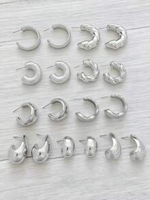 Set de 6-18 piezas de aretes de tono plateado surtidos, diseño único vintage, textura metálica, versátil y de nicho, accesorio de moda imprescindible - Plateado - Ver 5