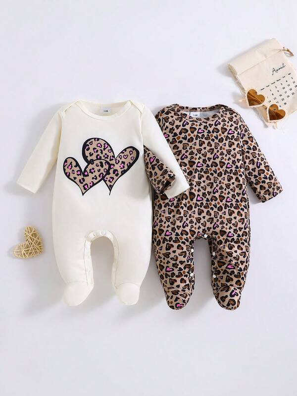 2pcs Newborn Baby Girls Leopard Print Bow Decor Outfit Set, Leopard Print Jumpsuit, Suitable For All Seasons