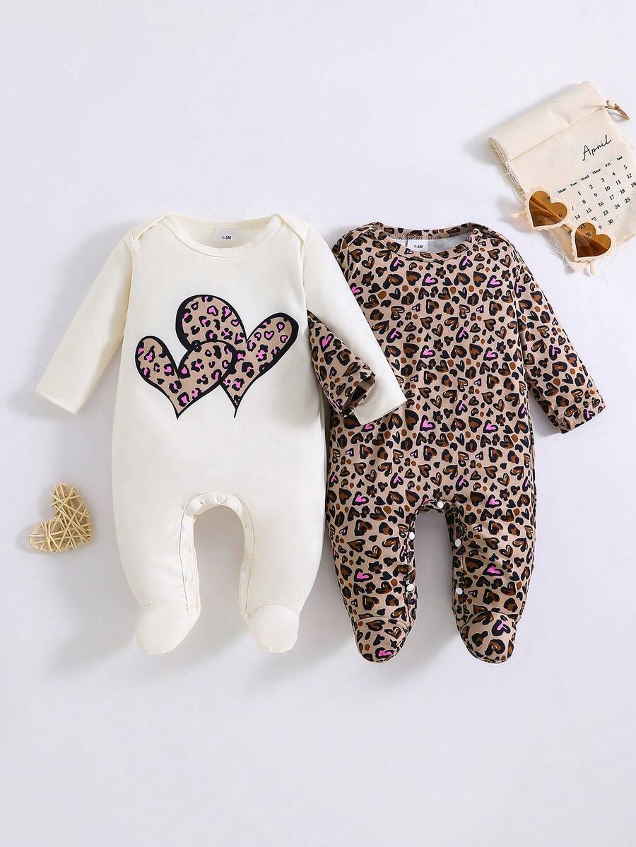 2pcs Newborn Baby Girls Leopard Print Bow Decor Outfit Set, Leopard Print Jumpsuit, Suitable For All Seasons - Multicolor - View 1