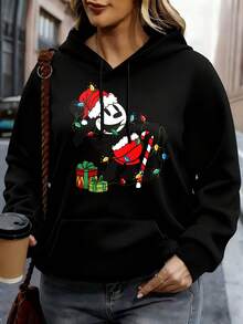 Disney Women Hoodie White Mickey Mouse Christmas Santa Claus Gift Box Print Casual Streetwear Holiday Outfit - Black - View 1