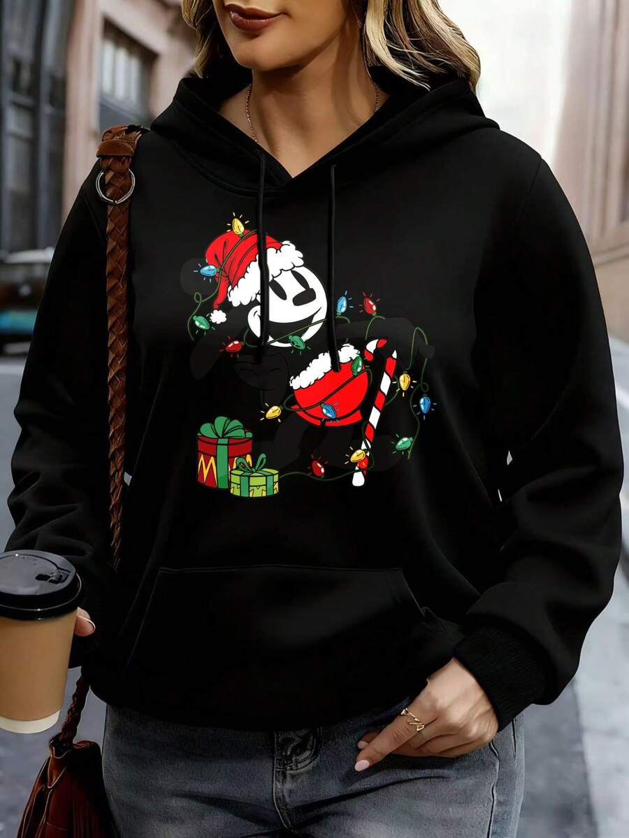 Disney Women Hoodie White Mickey Mouse Christmas Santa Claus Gift Box Print Casual Streetwear Holiday Outfit - Black - View 1