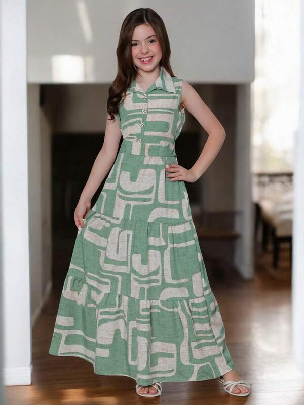 Vestido Juvenil Feminino Longo Estampado Preto e Branco Moda Infantil Elegante, Confortável Moderna