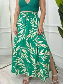 Long, Printed Viscose Skirt, Lined, High Waist With Pockets And Side Slits. - 綠色 - 查看 2