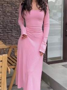 Women Square Neck Fitted Long Sleeve Solid Color Tie-Front Dress