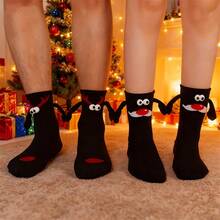 2 Pairs Of 3D Eyes Cartoon Christmas Socks With Magnetic Design- Cute Hand In Hand Mid-Calf Socks, Playful Holiday Socks, Hand Wash Care, Soft Fabric Socks, Novelty Christmas Wear, Christmas Enthusiasts, Gift Shoppers - Multicolor - View 10