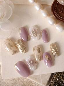 10 Stücke Aufklebe-Nägel, Kunstnägel in Halation Braun Weiß Golden, minimalistisch für Büro und Alltag, Künstliche Nägel Set beinhaltet 1 Stück Blatt Klebestreifen & 1 Stück Mini Feile