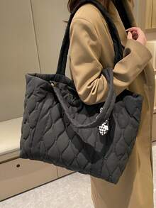 2 合 1 绗缝手提包，带配件吊坠，大容量单肩包，适合女性，休闲、工作、学校，轻便，可折叠，拉链开合，黑色，学生手提包，多个隔层，非常适合海滩、学校、工作和日常使用 - 黑色 - 查看 12