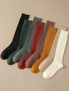 3 Pairs Women's Solid Color Vertical Striped Simple JK Style Over The Calf Socks, Cozy Socks