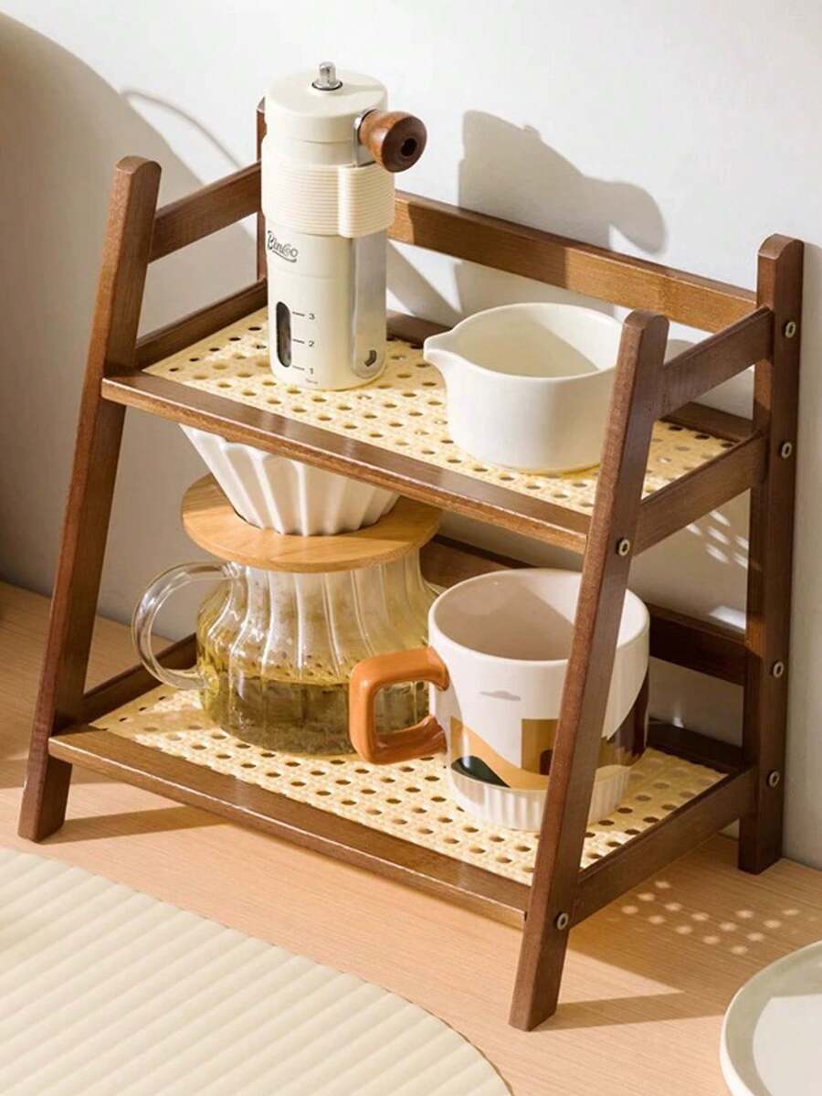 2 Layers Coffee Station Storage Rack, Bamboo Cup Holder Countertop, Kitchen Counter Rack, Tea And Coffee Bar Accessories, Matcha Rack, Cup Display, Condiment Storage Rack,Suitable For Living Room, Kitchen, Study, Bedroom And Bathroom - 棕色的 - 查看 1