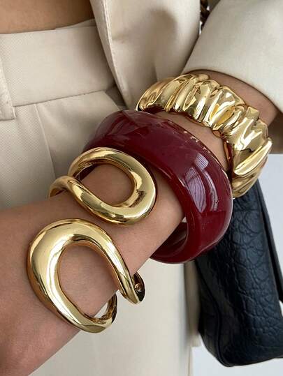 1pc/3pcs/Set Geometric Exaggerated Hollow Big Water Drop Metal Open Cuff Bracelet, Luxurious, Suitable For Wedding, Party, Vacation, Daily Casual, Street Shooting, Vacation Party, Women, Couples, Holiday, Birthday, Versatile Lava Asymmetrical Stripe Bracelet Gift