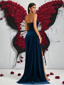 女士优雅纯色心形领口系带长裙，前开衩露背设计，正式晚礼服（不含手套） - 海藍色 - 查看 2