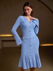 女士优雅针织孔眼褶皱鱼尾针织连衣裙，女士长袖连衣裙，优雅女士中长连衣裙休闲连衣裙，Old Money 秋季女装