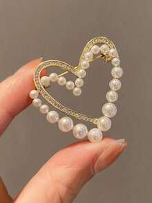 1pc Women's Zinc Alloy Vintage Suit Brooch With Hollow Out Double Heart Shape, Faux Pearl And Rhinestone Decoration Valentine's Day Valentines Dress Accessories Pin For Clothes Bag Charm School Office Accessories Shirts Jacket Jewelry Christmas Halloween Clothes Pin Funny Cute Teacher Gifts - A - View 1