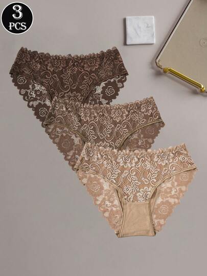 3pcs Scalloped Lace Trim Floral Lace Panties, Cotton Lace Blend