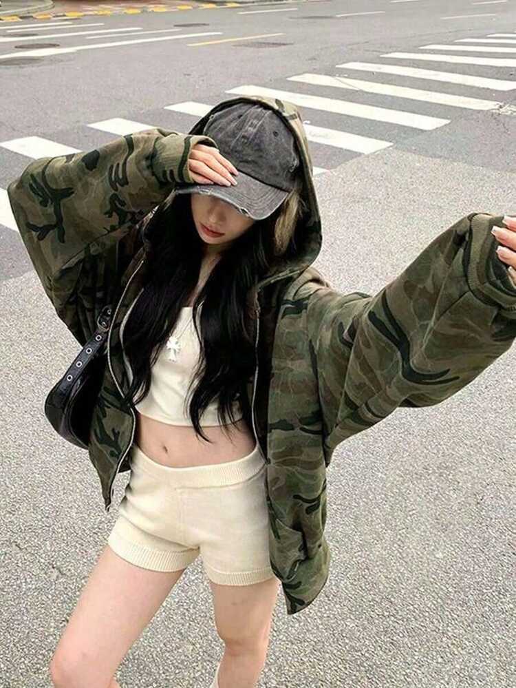 迷彩フーディ、アメリカンレトロストリートスタイル、100%コットンジップアップトップス（迷彩柄はランダム）、ファッショナブルなトレンドアイテム ユニセックス フルジップ カモフラージュ フード付きジャケット - ピュアスタイル コート (グリーン/ブラウン/ブラック/タン) フルジップフロント 取り外し可能フード 春/秋レイヤリング用 カジュアルアウター 洗濯機対応 - アーミーグリーン - 見る 4