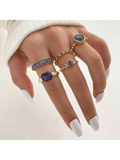 Vintage Inlaid Diamond Blue Crystal Ring 5-Piece Set Creative Versatile Oval Ring