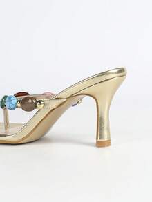 Sandales à talons hauts femme avec décoration de faux gemmes et style métallique, bout carré. , confortables, élégantes, haut de gamme. Conviennent pour les soirées formelles, les tenues décontractées. Talons hauts dorés, pour les tenues de printemps et d'été - Doré - Voir 9