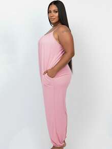 Elegant Plus Size Spaghetti Strap Jumpsuit Long With Pockets Casual Boho Knitted Cami Style High Stretch - Polignac - View 2