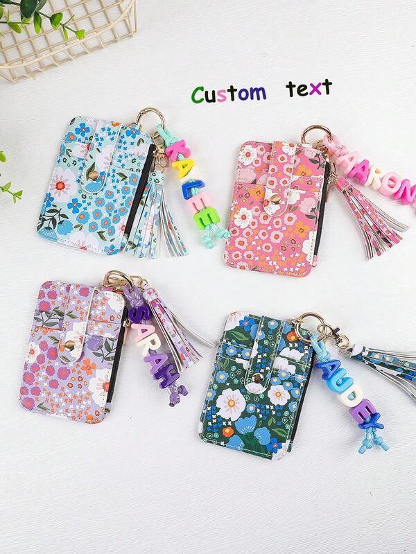 1 Peça Porta-Cartão Personalizado com Estampa Floral, Chaveiro Multiuso com Pingente de Letra em Inglês, Contas Coloridas de Acrílico e Borla, Porta-Cartão, Porta-Moedas, Organizador de Cartões Bancários, Nome Personalizado, Presente Personalizado para o Dia das Mães, Presente Personalizado para Mulheres, Presente Personalizado de Aniversário