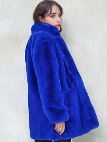 FHILLINUO Manteau en fausse fourrure bleu royal pour femmes, manches longues, col châle, longueur cuisse, avec poches, tissu non extensible, chaud pour l'hiver, convient pour Noël, le Nouvel An et d'autres occasions - bleu indigo - Voir 5