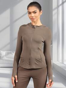 Women's Hooded Long Sleeve Sports Jacket With Thumbholes With Pockets, Breathable Athletic Casual Pullover, Sportswear, Fitness Clothing, Yoga Jacket, Fitness Clothing, Long Sleeve Cycling Sweatshirt, Women's Outdoor Sports Running Tops, Women's Yoga Hoodie Suitable For Running, Fitness, Yoga, Everyday Leisure - Cà phê nâu - Xem 7