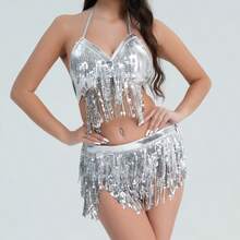 2 Peças Conjunto de Fantasia de Dança do Ventre para Mulheres, Lenço de Quadril com Franjas Bordadas e Top de Maiô Bikini, Acessório para Carnaval, Festival, Festa e Clubes