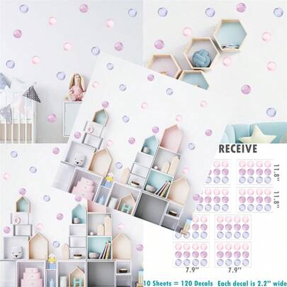 120 Decals 2.2'' Pink Purple Watercolor Polka Dots Wall Decals Stickers DIY Removable Peel And Stick Wall Art Decorations Home Decor For Nursery Bedroom Living Room Playing Room