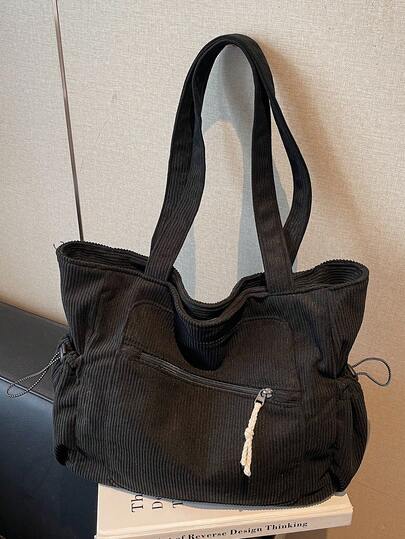 Neue einfarbige Cord-Tasche mit großer Kapazität für Frauen, Reißverschluss-Verschluss, Mehrfachtaschen-Design für praktische Aufbewahrung, geeignet für tägliche Pendler, Einkaufen oder Lässig-Reisen