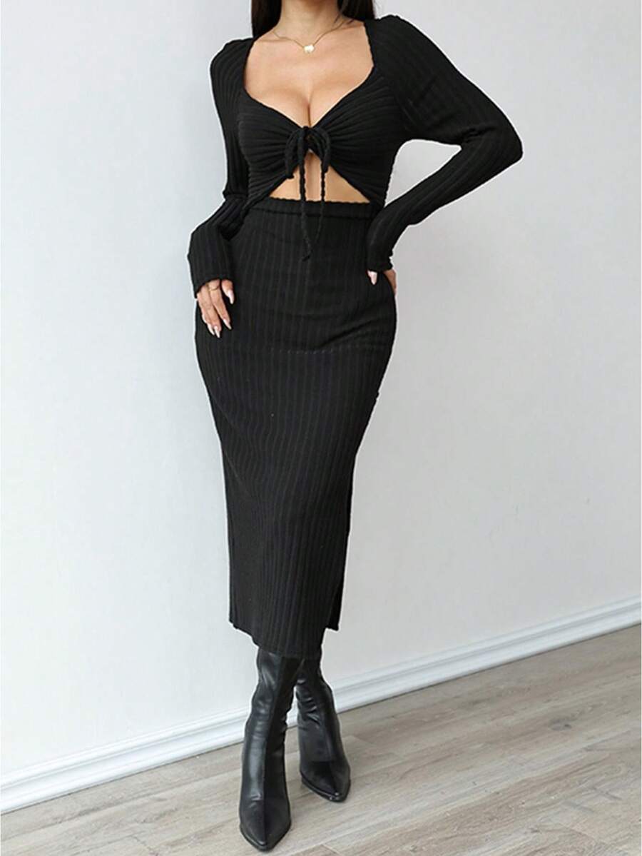 Women's Ribbed Knit Dress Long Sleeve Solid Color Bodycon Mini Dress For Party Club Dating - màu đen - Xem 1