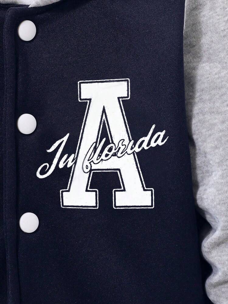 青少年男童休闲日常通勤运动撞色字母印花保暖连帽衫外套和运动裤套装，秋冬季 - 寶藍色 - 查看 8