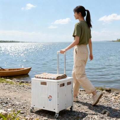 FZDONGHE 多機能折りたたみキャンプ用トロリー、伸縮式ハンドルとホイール付き、ポータブル屋外収納ボックス、PP素材、荷物マウント、充電不要、バッテリー不要 - キャンプ、引っ越し、買い物に最適、多機能旅行カート | リブ付きテクスチャカート | 耐久性のあるポリプロピレン、車キャンプ用アクセサリー